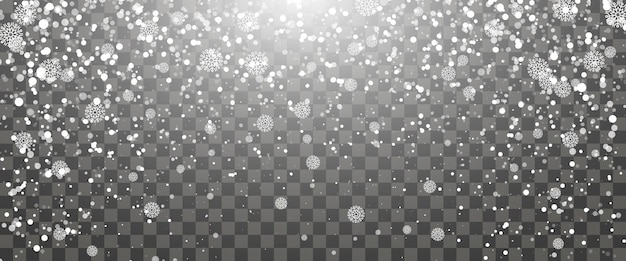 Nevadas y copos de nieve cayendo sobre fondo transparente. Copos de nieve blancos y nieve navideña. Ilustración vectorial