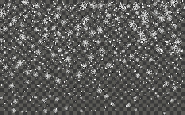 Nevadas y copos de nieve cayendo sobre fondo transparente oscuro. Copos de nieve blancos y nieve navideña. Ilustración vectorial