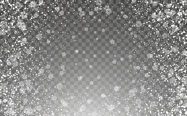 Nevadas y copos de nieve cayendo sobre fondo transparente oscuro. Copos de nieve blancos y nieve navideña. Ilustración vectorial
