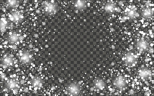 Nevadas y copos de nieve cayendo sobre fondo transparente oscuro. Copos de nieve blancos y nieve navideña. Ilustración vectorial
