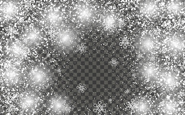 Nevadas y copos de nieve cayendo sobre fondo transparente oscuro. Copos de nieve blancos y nieve navideña. Ilustración vectorial