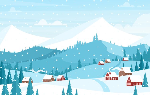 Nevando en el paisaje de las montañas plano. Hermoso fondo de Navidad de invierno.
