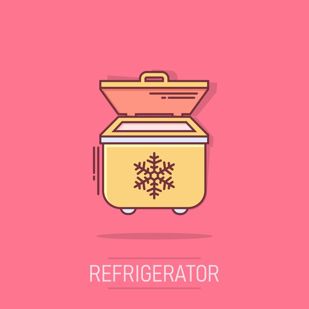 Nevera, refrigerador, icono, en, cómico, estilo, congelador, contenedor, vector, caricatura, ilustración, pictogram, refrigerador, negocio, concepto, salpicadura, efecto