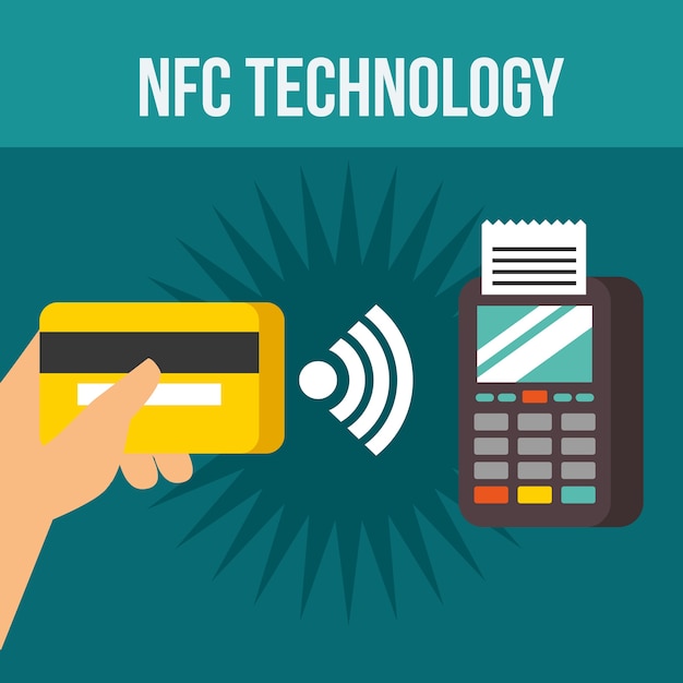Vector nfc payment technology dataphone hand holding credit card