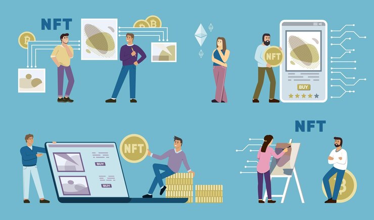 Vector nft digital art crypto token aplicación de artista de protocolo virtual para el comercio financiero y la inversión kw imágenes vectoriales