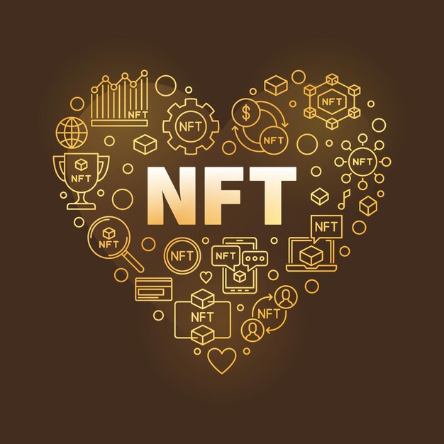 Nft golden heart concepto banner nonfungible token technology vector illustration