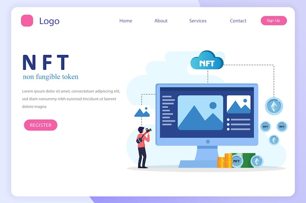 NFT no fungible token digital crypto art tecnología blockchain ilustración vectorial plana