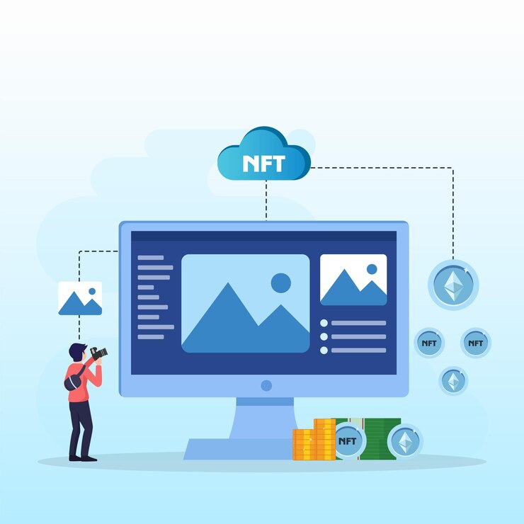 Vector nft no fungible token digital crypto art tecnología blockchain ilustración vectorial plana