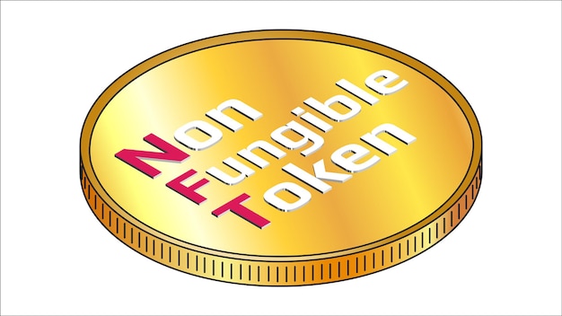 NFT texto isométrico token no fungible en moneda de oro aislada en blanco. Paga por coleccionables únicos en juegos o arte. Ilustración vectorial.