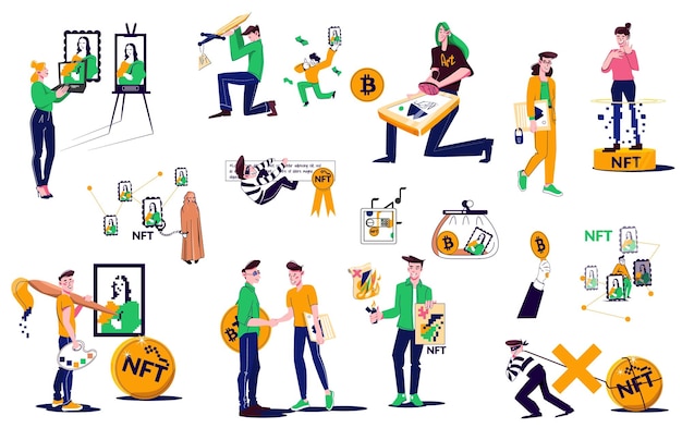 NFT token cryptocurrency flat icon set compra y venta de tokens para imágenes y pinturas ilustración vectorial