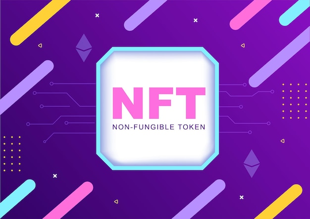 Vector nft token no fungible arte criptográfico de convertir en red digital con servidores de monedas para pancarta o póster en ilustración de fondo plano