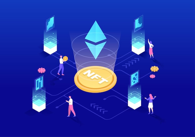 NFT Token no fungible Arte criptográfico de convertir en red digital con servidores de monedas para pancarta o póster en ilustración de fondo plano