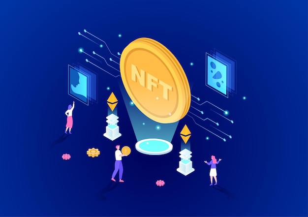 NFT Token no fungible Arte criptográfico de convertir en red digital con servidores de monedas para pancarta o póster en ilustración de fondo plano