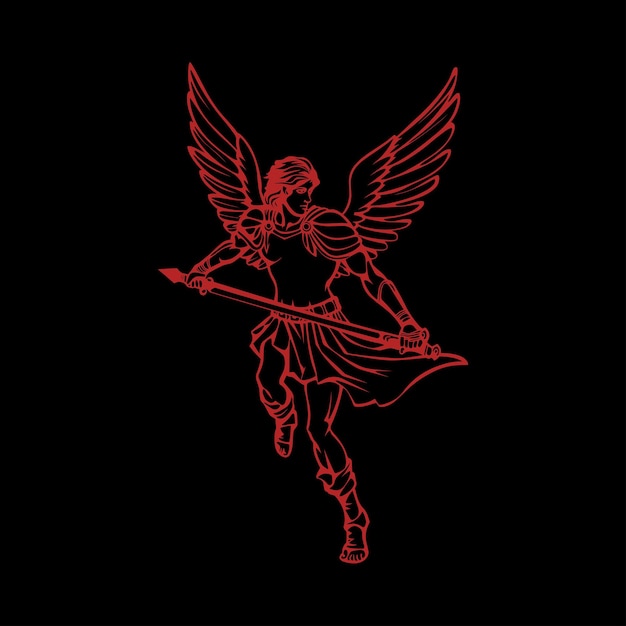 Ángel rojo con espada sobre fondo negro