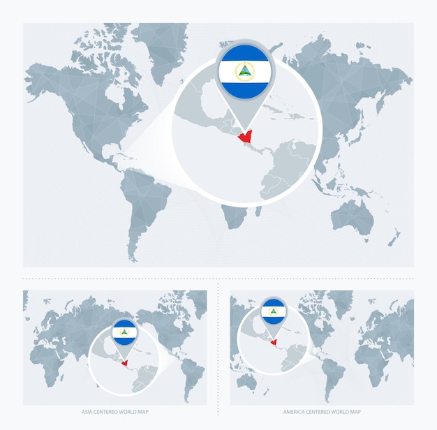 Vector nicaragua magnificada sobre mapa del mundo 3 versiones del mapa mundial con bandera y mapa de nicaragua