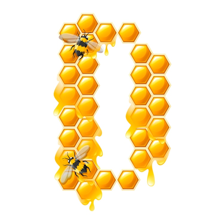 Vector nido de abeja letra d con gotas de miel y abeja ilustración vectorial plana aislada sobre fondo blanco.