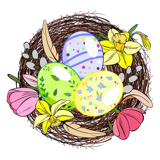 Nido con huevos de Pascua narcisos tulipanes y plumas Ilustración en vector