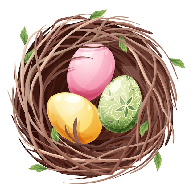 Nido de pájaros con huevos de Pascua en un fondo blanco Ilustración de primavera para el diseño de decoración Primavera