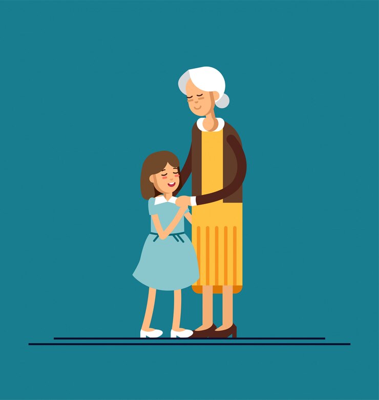 Nieta abrazando a su abuela. ilustración