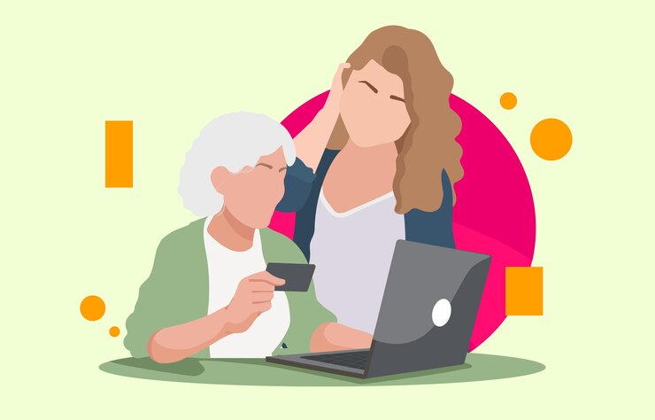 Vector la nieta ayuda a la abuela anciana con la computadora portátil