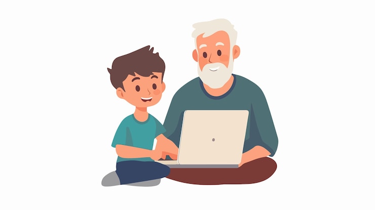 Vector un nieto y un abuelo felices usando una computadora portátil juntos
