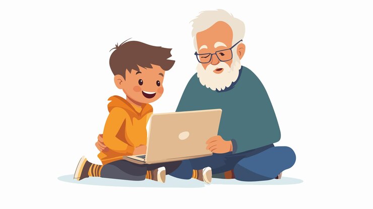 Vector un nieto y un abuelo felices usando una computadora portátil juntos
