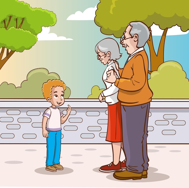 El nieto hablando con los abuelos en el parque