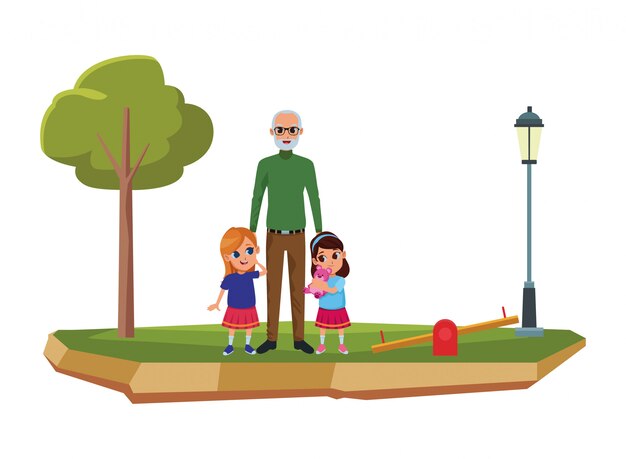 Nietos y abuelo de la mano