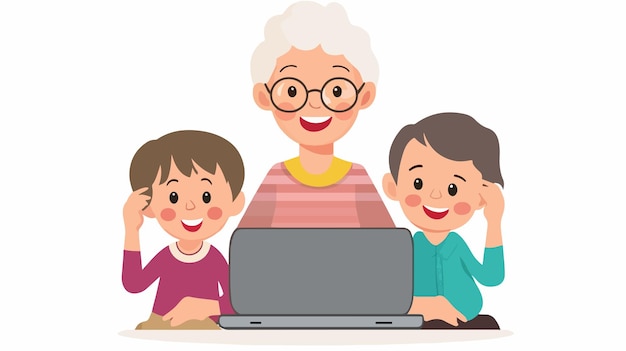 Los nietos alegres haciendo una llamada de video con la abuela y el abuelo
