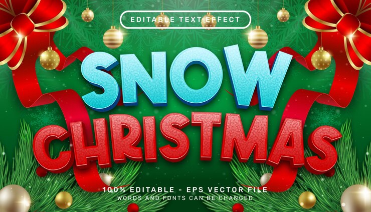 Vector nieve navidad efecto de texto 3d y efecto de texto editable con fondo de navidad
