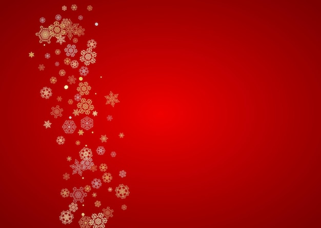 Nieve de Navidad sobre fondo rojo. Marco brillante para pancartas de invierno, cupón de regalo, cupón, anuncios, evento de fiesta. Colores de Santa Claus con nieve dorada de Navidad. Copos de nieve que caen horizontales para vacaciones