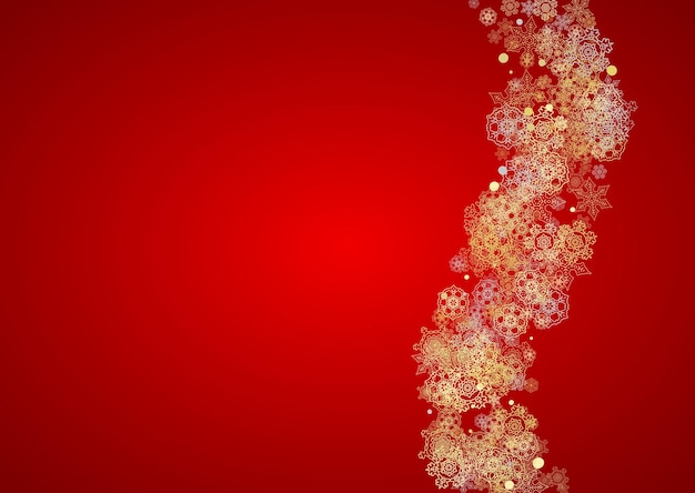 Nieve de Navidad sobre fondo rojo Marco de brillo para pancartas de invierno Anuncios de vales de cupón de regalo Evento de fiesta Colores de Santa Claus con nieve dorada de Navidad Copos de nieve que caen horizontalmente para vacaciones