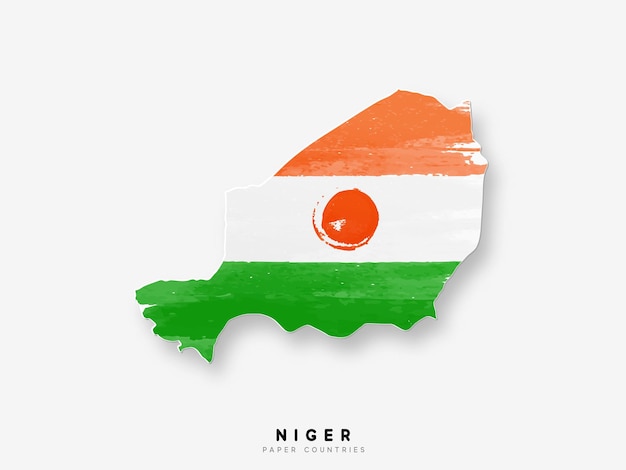 Níger mapa detallado con bandera del país. Pintado en colores de pintura de acuarela en la bandera nacional.