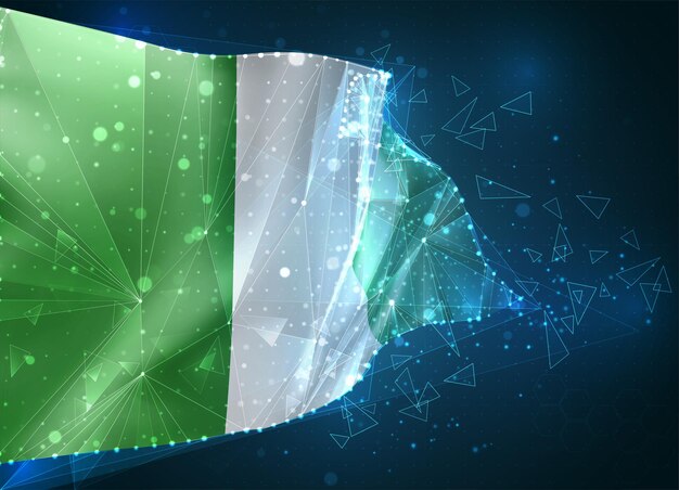 Nigeria, bandera, objeto virtual abstracto 3D de polígonos triangulares sobre un fondo azul.