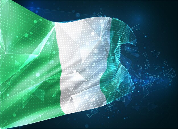 Nigeria, vector bandera, objeto virtual abstracto 3D de polígonos triangulares sobre un fondo azul.