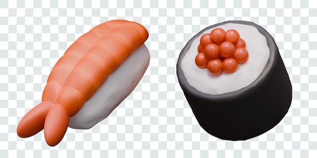 Nigiri 3D y rollo de sushi Platos tradicionales de mariscos en el menú de la cocina japonesa