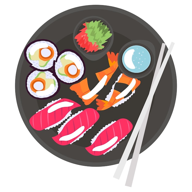 Nigiri o Sushi concepto de plato de arroz blanco Nori o Narezushi diseño de icono vectorial de comida deliciosa