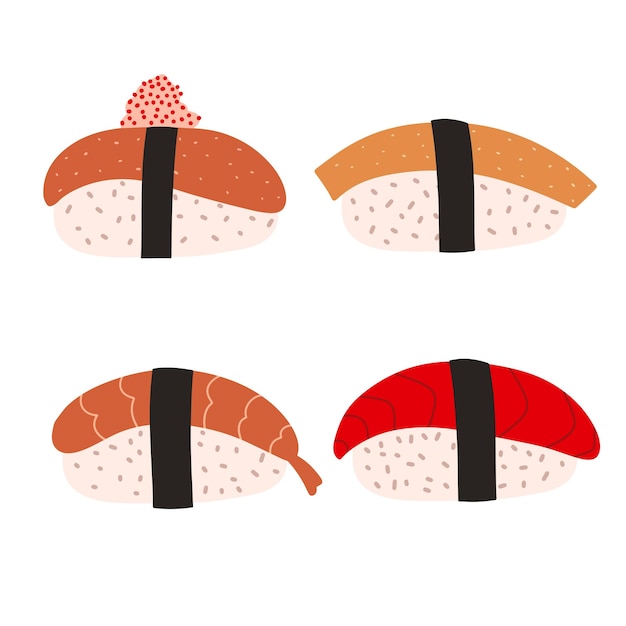 Nigiri set sushi collection ilustración vectorial en estilo doodle