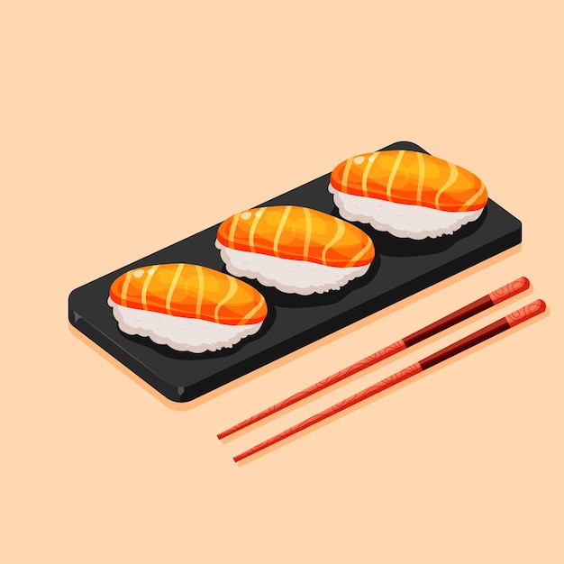 Nigiri sushi ilustración vectorial de dibujos animados Comida asiática japonesa con salmón y arroz sobre la bandeja de piedra con palillos de madera