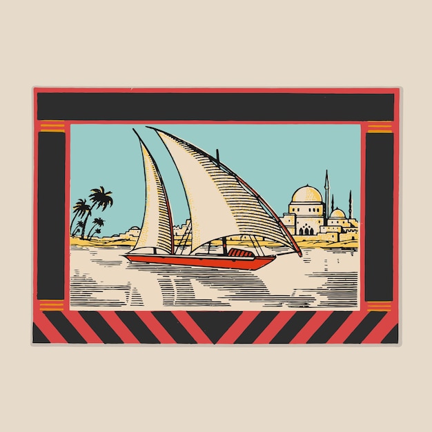 Nilo, egipto, velero, retro, logotipo, viejo, vendimia, ilustración, cartel, plantilla, diseño, vector, elementos