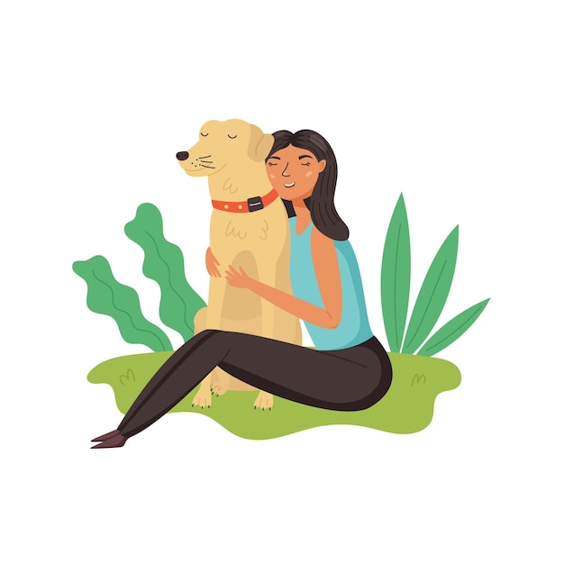 Niña abraza a perro golden retriever ilustración de vector de dueños de mascotas felices