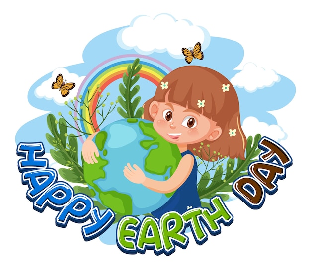 Una niña abrazando el globo terráqueo con diseño de tipografía Happy Earth Day