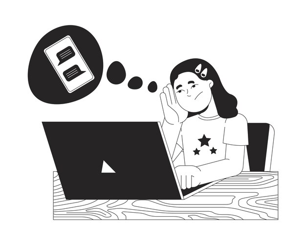 Niña aburrida pensando en charlar con amigos personaje de línea 2D en blanco y negro