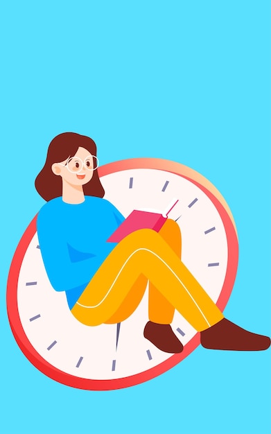 niña acostada en un libro y leyendo la ilustración del vector del día mundial del libro