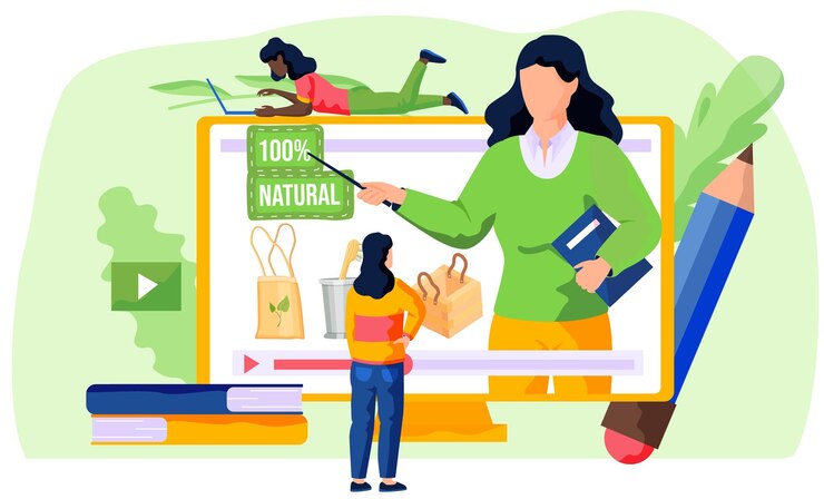 Vector una niña se acuesta en un monitor de computadora con una computadora portátil y trabaja o estudia en su computadora mientras una mujer mira una pantalla con un video sobre los beneficios de usar artículos domésticos naturales.