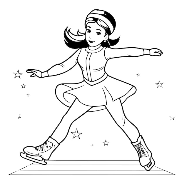 Niña adolescente patina en el hielo ilustración vectorial en blanco y negro