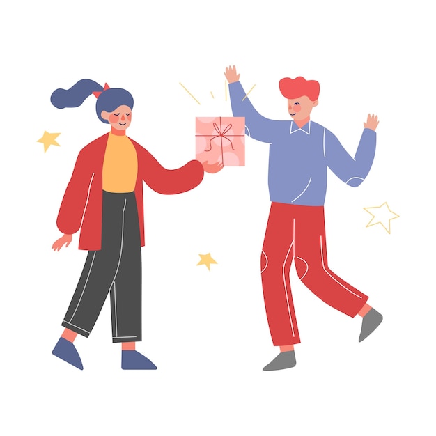 Niña adolescente regalando una caja de regalos navideños decorada con cinta Arco a niños felices que celebran su cumpleaños Navidad o Año Nuevo Ilustración vectorial de dibujos animados