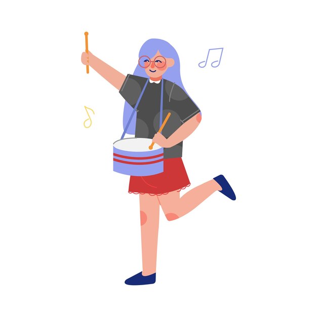 Niña adolescente tocando la batería Instrumento musical Joven músico talentoso Ilustración vectorial de personajes en fondo blanco