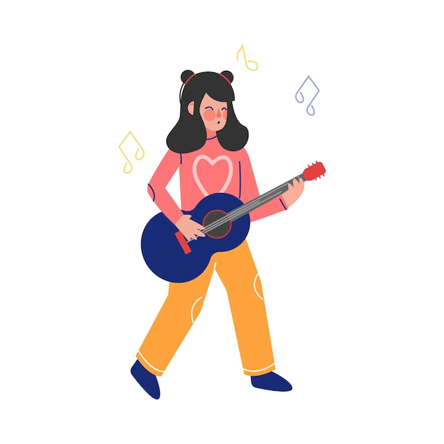 Niña adolescente tocando la guitarra Instrumento musical Joven músico talentoso Ilustración vectorial de personajes en fondo blanco