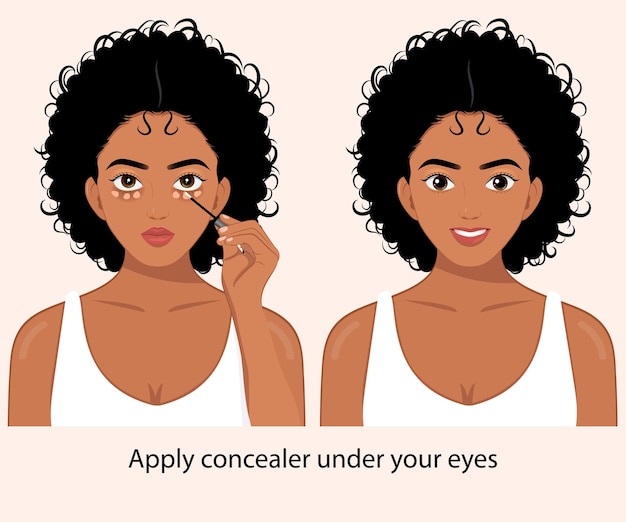 Niña africana aplicando corrector debajo de los ojos antes y después del concepto de maquillaje para el cuidado de la piel